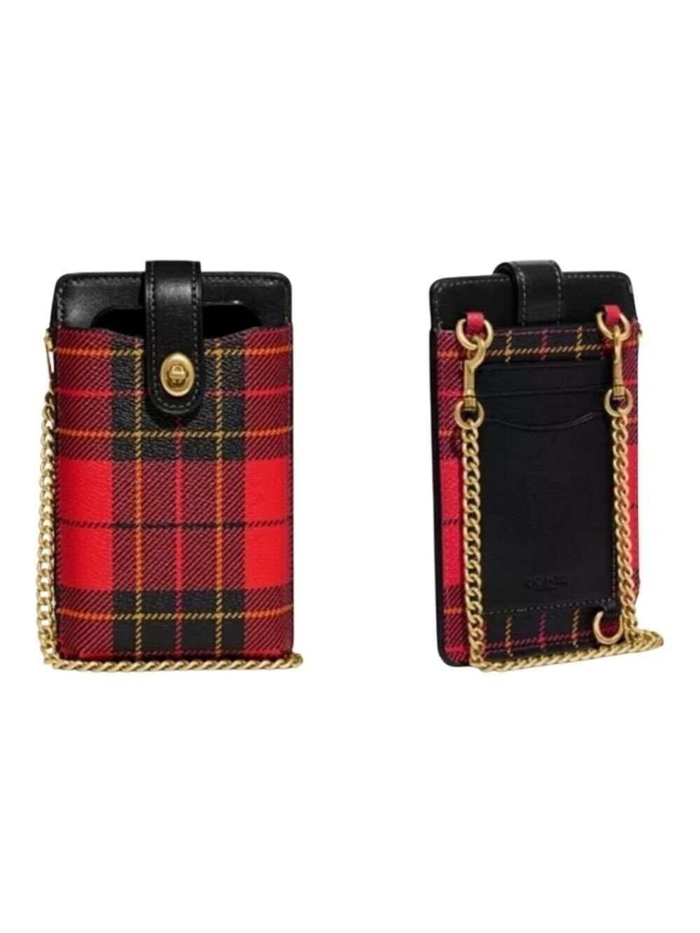 COACH PHONE CROSSBODY PURSE PLAID PRINT TURNLOCK CHAIN IN RED MULTI